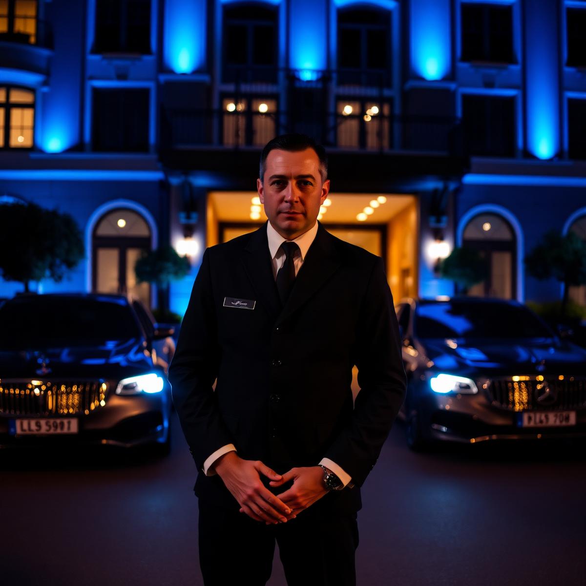 Manobrista uniformizado em frente a carros de luxo na entrada de um hotel