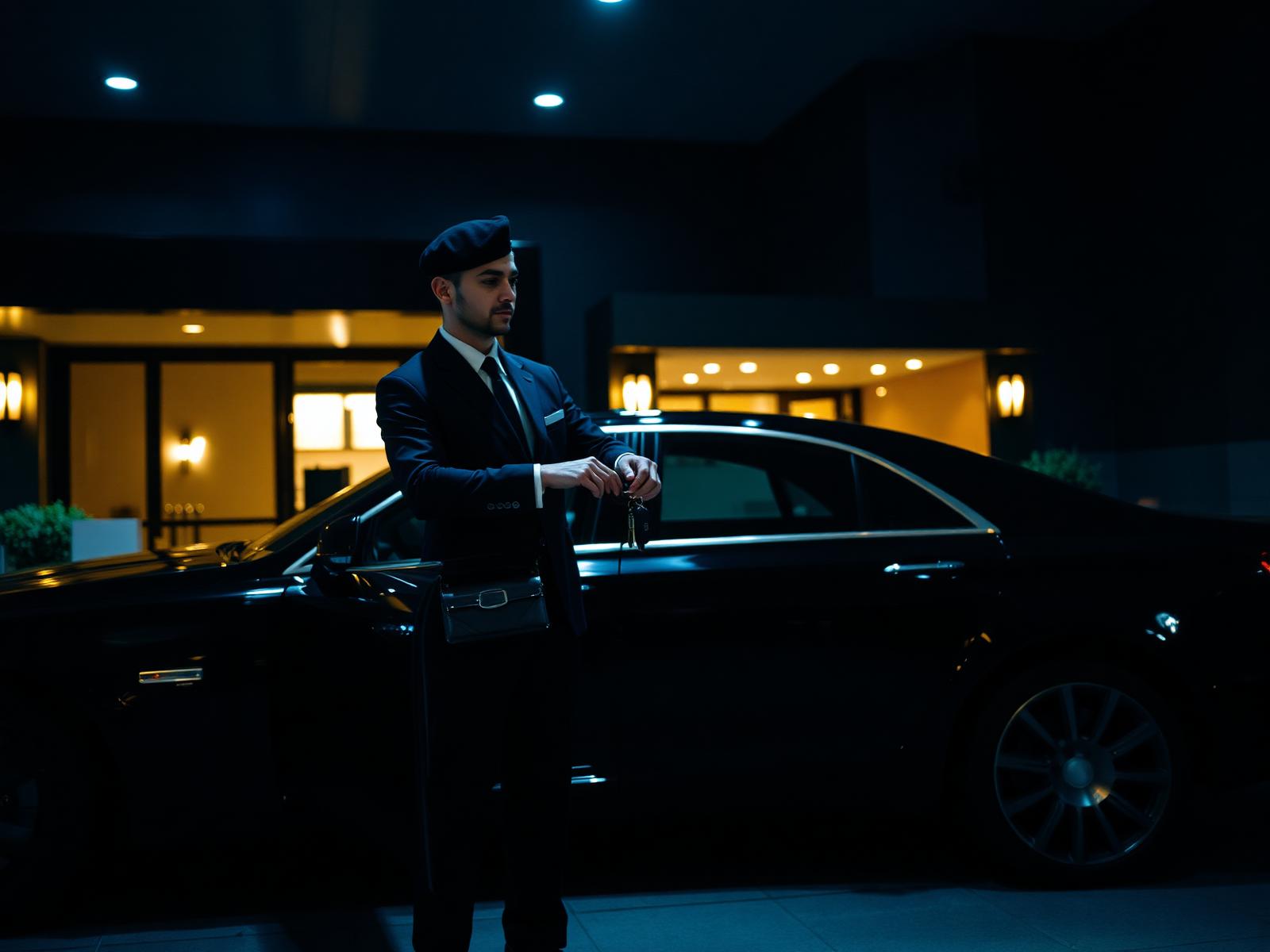 Manobrista profissional entregando um carro de luxo na entrada de um hotel